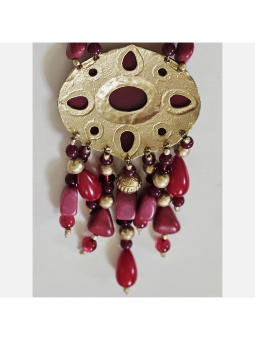 Vintage Chicos Red Statement Necklace Gold Beaded Fringe Bold 35th Anniversary - Picture 4 of 12